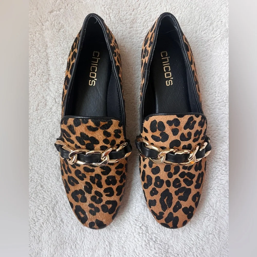 NWT Chico's Leopard Print Loafers with Gold Chain Women Size 7